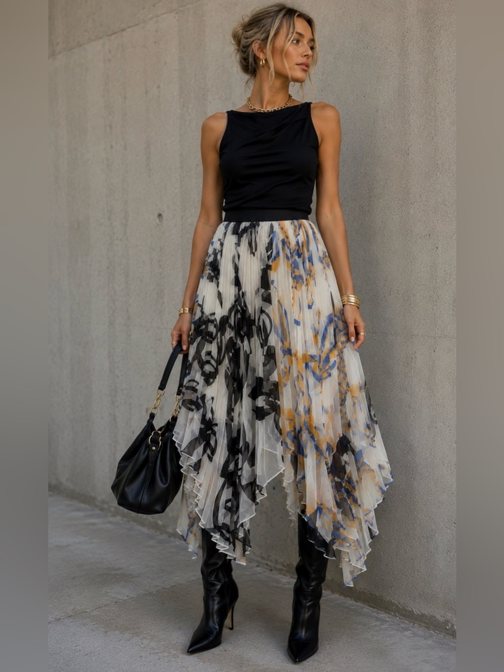 Marina Moscone Silk Blend Pleated Abstract Print Asymmetrical Skirt Size 8